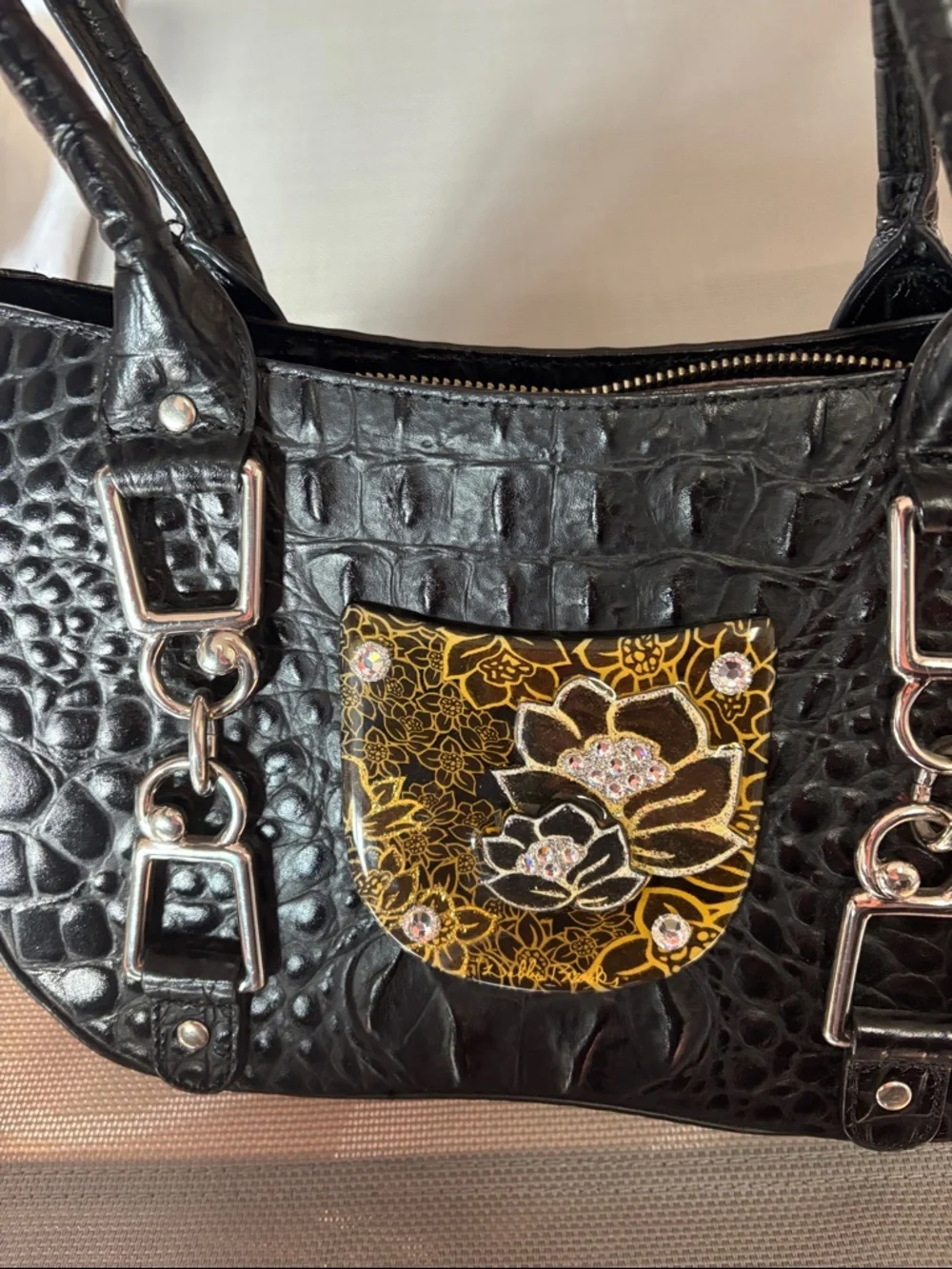 Debbie Brooks Black Croc-Embossed Women's Handbag with Gold Floral Accent